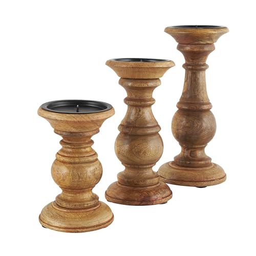 Deco 79 Mango Wood Decorative Candle Holder Turned Style Pillar Candle Stand, Set of 3 Candlestick Holder 10",8",6"H, Brown Deco 79