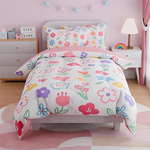 SANDJEST Floral Full Bedding Sets for Girl, Ultra Soft Microfiber Comforter Bed Set with 4-Pieces, Flower Comforters Sets for Kids Children Girl Teen Tween Bedroom Decor SANDJEST