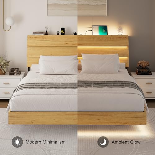 Feonase Floating Bed Frame King with Led Lights and Charging Station, Wood Full Size Bed Frame with Storage Headboard, Heavy Duty Metal Slats, No Box Spring Needed, Easy Assembly,Oak Feonase