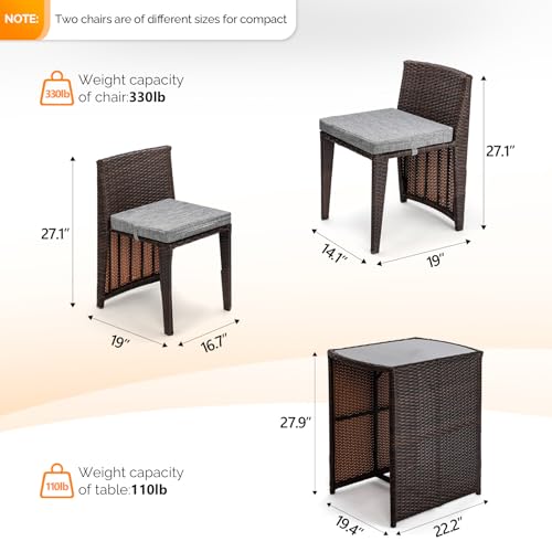 Bonnlo 3 PCS Wicker Outdoor Patio Bistro Set, Patio Furniture Set for Small Space with Glass Top Table Dining Chairs, Balcony Furniture Patio Table and Chairs Set of 2 for Garden Yard Porch Bonnlo