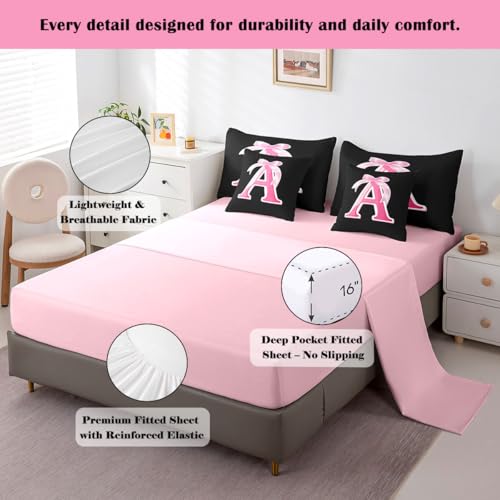 jejeloiu Kids Girls Black Pink Bow Comforter Set with Sheets Twin Size Monogrammed 7 Piece Bedding Set Personalized Initial A Bed in a Bag with Comforter,Sheets,Pillowcases Modern Fashion Bed Set jejeloiu