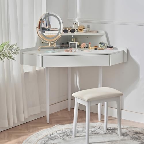 Merax Corner Small Vanity Desk with Mirror and Lights, 44.09" L Makeup Vanity Set with Stool, Dressing Table with Sliding Glass Door, Drawer and Display Shelf, White Merax