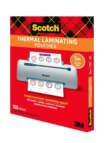 Scotch Thermal Laminating Pouches, 100 Count, Clear, 5 mil., Laminate Business Cards, Banners and Essays, Ideal Office or School Supplies, Fits Letter Sized Paper (8.9 in. × 11.4 in.) Scotch