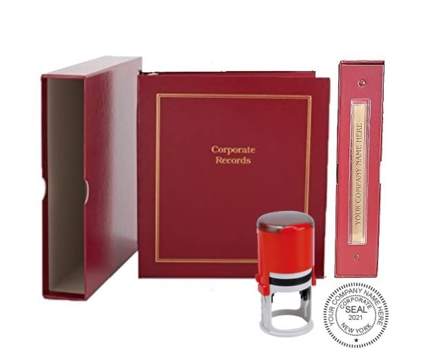 Corporate Kit (Red) - Binder, Slipcase, Minutes & Bylaws, Stock Certificates, Index Tabs & Red R-542 Self-Inking Corprate Seal Stamp Hubco