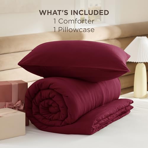Bedsure Twin/Twin XL Comforter Set, Dark Red Soft Prewashed Bedding for All Seasons, 2 Pieces GentleSoft™ Bed Set, 1 Lightweight Comforter (68"x88") and 1 Pillowcase (20"x26") Bedsure