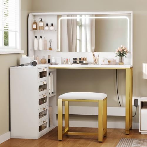 DWVO Vanity Desk with LED Lighted Mirror and 3 Lighting Modes, L-Shaped Corner Vanity Table, 48" Large Dressing Table with 5 Tempered Glass Drawers with Open Storage Shelves, White DWVO