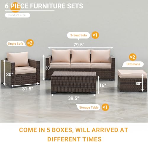 UDPATIO 6 Piece Patio Furniture 7 Seats Wicker Outdoor Sectional, Thick Cushions Patio Couch Chair with Ottoman & Storage Table for Porch, Balcony UDPATIO