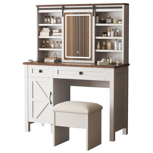 Farmhouse Vanity Desk with Mirror and Lights, 42" W Makeup Vanity Desk with Sliding Mirror, Barn Door Vanity with Hairdryer Holder and Charging Station, Large Makeup Vanity with Storage Bench, White HIROHRTV