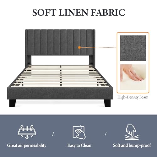 Yaheetech Dark Gray Upholstered Full Bed Frame with Wing Design and Wooden Slats Yaheetech