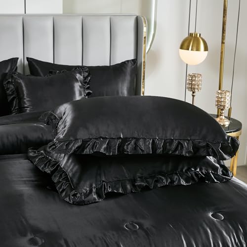 Black Satin Comforter King Size,Ruffle Bedding Set,Silk Like Satin King Comforter Set with Sheets,Silky Black Bedding Bed in a Bag,Soft Smooth Satin Sheets,8 Pcs Ruffled Luxury Comforter Set Bedbay