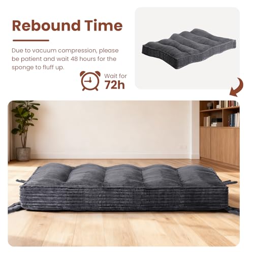 feliz home 10" Futon Mattress Queen Size,Futons Sofa Couch Bed with Straps, Thick Corduroy Floor Mattress for Adults, Roll Up Folding Mattress Shredded Foam Filling, Medium Firm (Gray, Full) feliz home