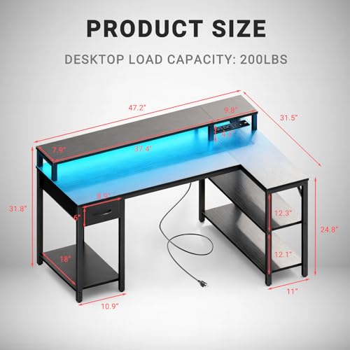 Simple Deluxe 47-inch L-Shaped Gaming Desk with LED Lights & Power Outlets, Reversible Corner Computer Desk with Monitor Riser, Drawer & Shelves, for Home Office, Black Simple Deluxe