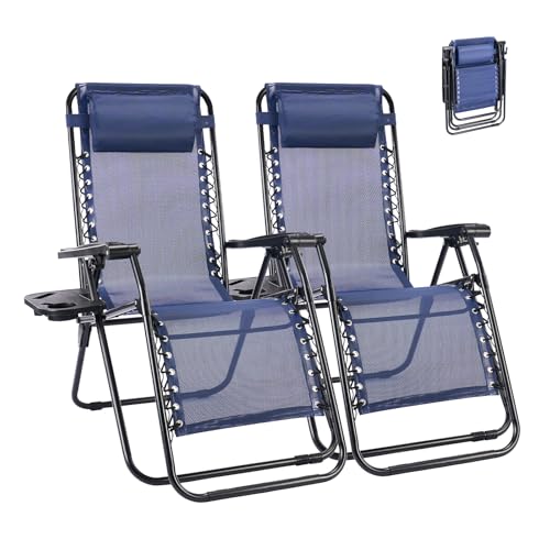 NEWBULIG Zero Gravity Chair Set of 2, Lounge Chair Folding Portable Adjustable Camping Reclining Chairs with Adjustable Pollow, Mesh Back, Cup Holder Trays Lawn Patio Chair for Pool Beach - Blue
