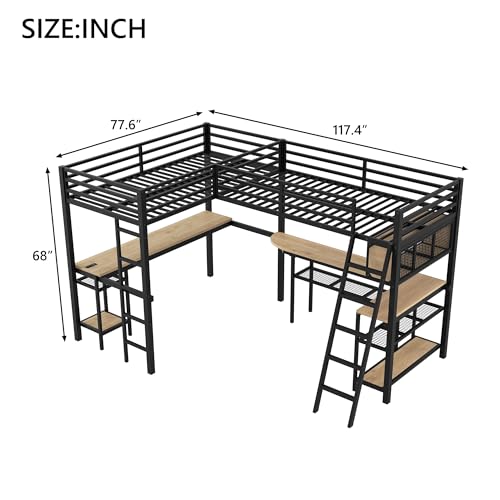 LUMISOL Twin Size Double Loft Bed with LED and Storage Shelves, Metal L-Shaped Loft Bed with 2 Built-in Desks and 2 Charging Stations, Black LUMISOL