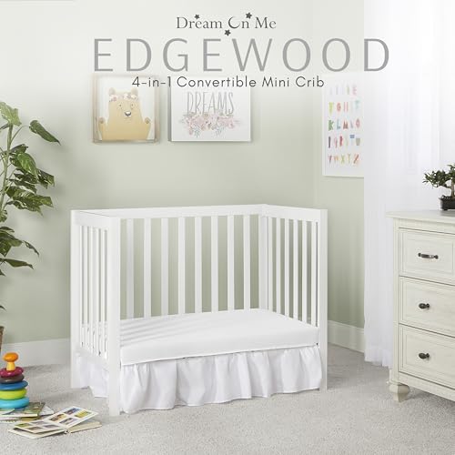 Dream On Me Edgewood 4-In-1 Convertible Mini Crib In White, JPMA Certified, Non-Toxic Finish, New Zealand Pinewood, With 3 Mattress Height Settings, Included 1" Mattress Pad Dream On Me