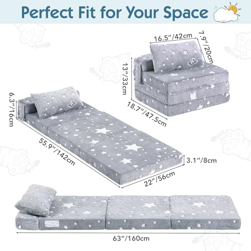 Foldable Floor Mattress with Pillow for Kids, Glow in The Dark Grey Star Toddler Washable Folding Floor Nap Mat for Daycare, Child Trifold Futon Sofa Bed with Storage Bag for Playroom Girls and Boys Givjoy