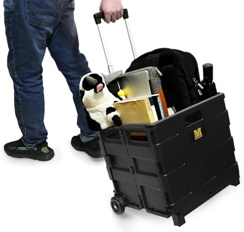 MaxWorks 50830 Collapsible Black Rolling Folding Dolly Cart for Teachers - Multi-Functional Teacher Dolly with Extra Storage, Durable Wheels, and Easy-to-Fold Design for Classroom, Office, Shopping MaxWorks