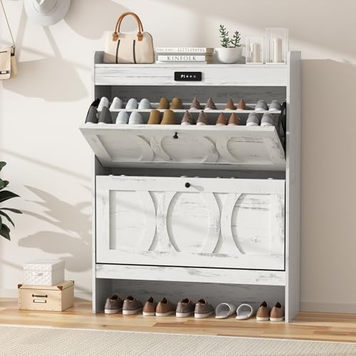 VFF Deodorizing Storage 2 Flip Drawers, LED Touchscreen Freestanding Organizer with Wooden Leg, Narrow Shoe Rack Cabinet for Hallway, Bedroom and Entryway, 31.5 x 9.5 x 41.57 inches, Rustic White VFF