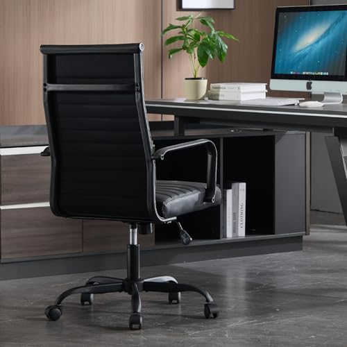Haranuo Conference Room Chairs, Ergonomic Executive Office Chair, Ribbed Leather Desk Chair with Lumbar Support, Adjustable Height Mid-Back Swivel Chair with Padded Seat Haranuo