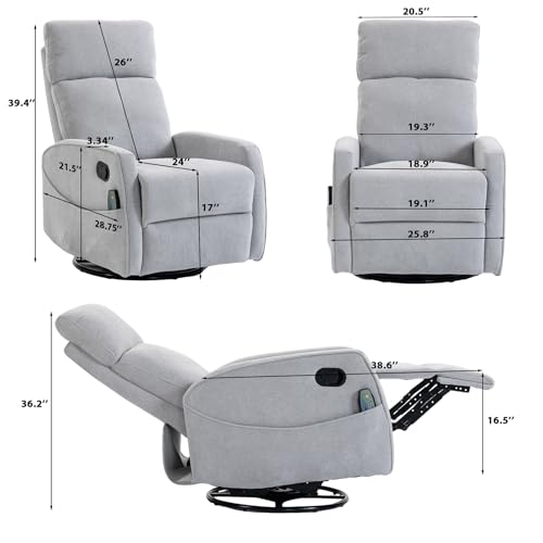 HRVEOCEI Small Recliners for Small Spaces, Manual White Recliner Rocking Chair for Nursery, Velvet Swivel Glider Recliner with Heat and Massage, Side Pockets, Living Room Bedroom (Light Grey)