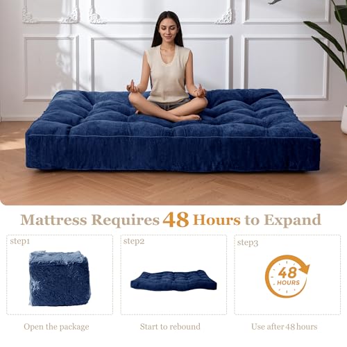 YOSHOOT 8 Inches Futon Mattress Full Size, Thick Futons Sofa Couch Bed, Chenille Fabric Floor Mattress for Adults, Shredded Foam Filling, Medium Firm(Frame Not Included), Blue, 54"x75" YOSHOOT