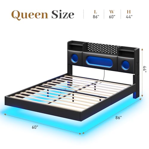 Floating Bed Frame Queen,Queen Bed Frame with Headboard & LED Light &Charging Station,Bed Frame Queen Size Leather Metal Platform Noise-Free,Floating Bed Frame No Box Spring Needed,Easy Assembly,Black BYSAUD