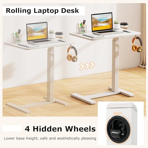 Tangkula Mobile Standing Desk, Pneumatic Height Adjustable Rolling Desk with Cup Holder & Headphone Hook, Overbed Table with Hidden Wheels, Laptop Computer Cart for Couch, Home, Office (White) Tangkula