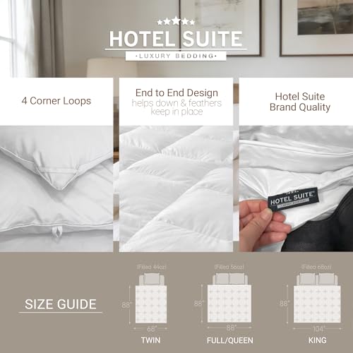Hotel Suite Feather Down Comforter, Natural Fluffy Duvet Insert, Luxurious Hotel Collection Quilts, All Season Bedding Comforter, 100% Cotton Cover(Twin Size, 68 x 88 Inch, White) Hotel Suite