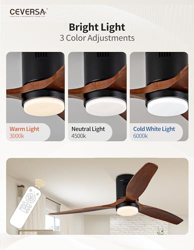 Ceversa 52 Inch Solid Wood Low Profile Ceiling Fan with Light and Remote Control,3 Blades Flush Mount Ceiling Fan Walnut Craftmade Easy Installation for Living Room Bedroom Farmhouse Indoor Ceversa