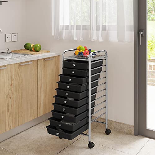 Yaheetech Rolling Cart Organizer Plastic Trolley with 10 Storage Drawers Utility Cart on Wheels Art Craft Organizer Ample Storage Space, Black Yaheetech
