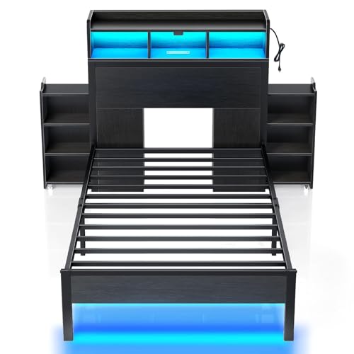 Rolanstar Twin Bed Frame with Bookcase Storage Headboard, Slide Out Bedside Storage, Bed with Charging Station & LED Lights, Heavy Duty Metal Slats, No Box Spring Needed, Noise Free, Black Rolanstar