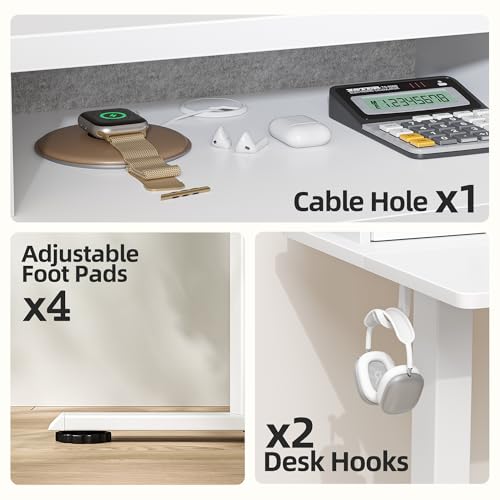TIQLAB 55 * 28 Inch Standing Desk with Four Drawers, Electric Sit Stand Table, Stand Up Desk Adjustable Height with Storage Shelf, Splice Board, White TIQLAB