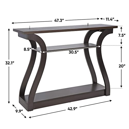 SUPER DEAL Narrow Console Table, 3 Tier Entryway Table, Wood Sofa Table Decorative Hallway Table with Shelves, Curved Frame for Living Room Front Door Entrance, 47 in Espresso SUPER DEAL