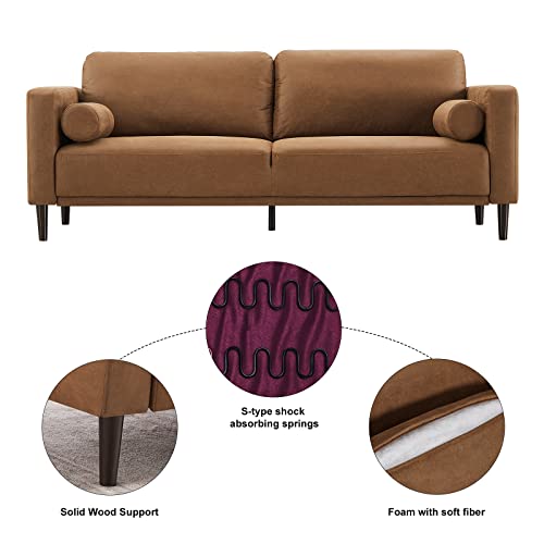 HIFIT Sofa Couches, 79” Mid-Century Modern Couch, Breathable Faux Leather Couch with Upholstered Cushions/Pillows, 3-Seat Sofas & Couches, for Living Room Apartment Office, Brown HIFIT
