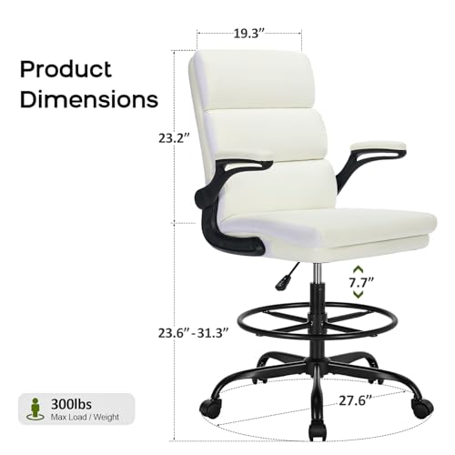 Drafting Chair Tall Office Chair with Padded Flip-up Armrests Executive Ergonomic Computer Standing Desk Chair with Comfortable Leather Backrest and Adjustable Footrest Ring (White) amseatec