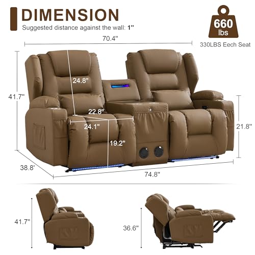 DRMBOOK Power Loveseat Recliner Sofa, Faux Leather Wall Hugger Reclining Couch with Console, Electric Double Reclinable Movie Seating 2 Person Recliner with LED/USB/Type C/Bluetooth Speakers, Khaki