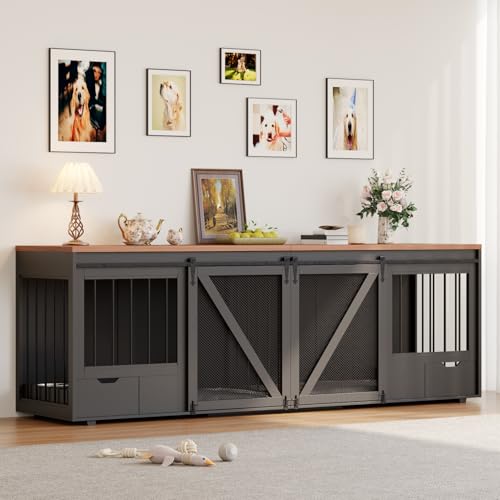 Large Dog Crate Furniture for 2 Dogs, 94.5" L Double Dog Kennel Furniture with Sliding Barn Door & Removable Bowl Drawers and Room Divide for Large & Medium Breeds MOWPEX
