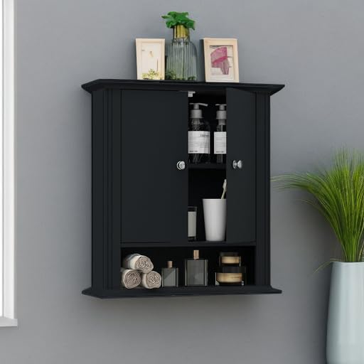 UYIHOME Wall Cabinet Over Toilet, Wall Mounted, Wooden Storage Cabinet with 2 Doors, Hanging Storage Cabinet Over Toilet, Upper Cabinet Storage Cupboard for Kitchen Laundry Room, Black UYIHOME