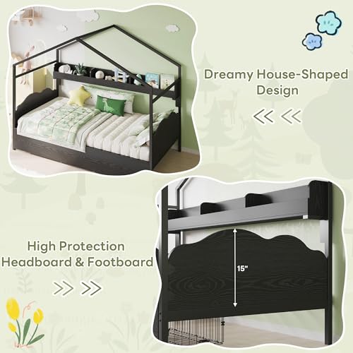 LIKIMIO Twin Bed Frame with 2 Storage Drawers, DIY House Bed with Bookshelf & Curved Headboard & Footboard, Twin Corner Bed Frames for Bedroom, No Box Spring Needed, Black LIKIMIO