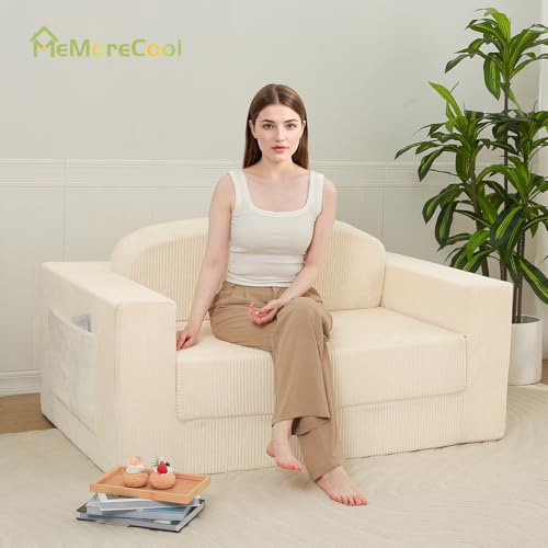MeMoreCool Convertible Sofa Bed – Small Beige Corduroy Loveseat Sleeper, Boneless Fold-Out Cloud Couch with Foam, Trifold Floor Futon with Washable Cover for Bedroom, Apartment, Guest Room MeMoreCool