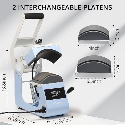 OFFNOVA Hat Heat Press Machine for Caps with 2 Interchangeable Platens, Temp & Time Control with Auto Countdown, Efficient Heat Transfer for HTV Iron On and Sublimation Projects (Handle-Blue) OFFNOVA