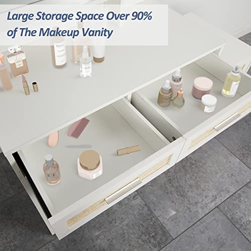 Maupvit Rattan Vanity Desk with Mirror and Lights, Boho Makeup Vanity Table Set with Nightstand, 5 Drawers & 10 Bulbs, Metal Silver Handle, 3 Open Shelves, Dressing Table with Cushioned Stool (White) Maupvit