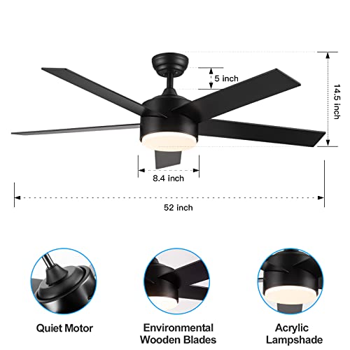 POCHFAN 52 inch Black Ceiling Fans with Lights and Remote Control, Dimmable 3-Color Temperatures LED Ceiling Fan, Wooden Quiet Reversible Modern Ceiling Fan for Bedroom, Living Room, Dining Room POCHFAN