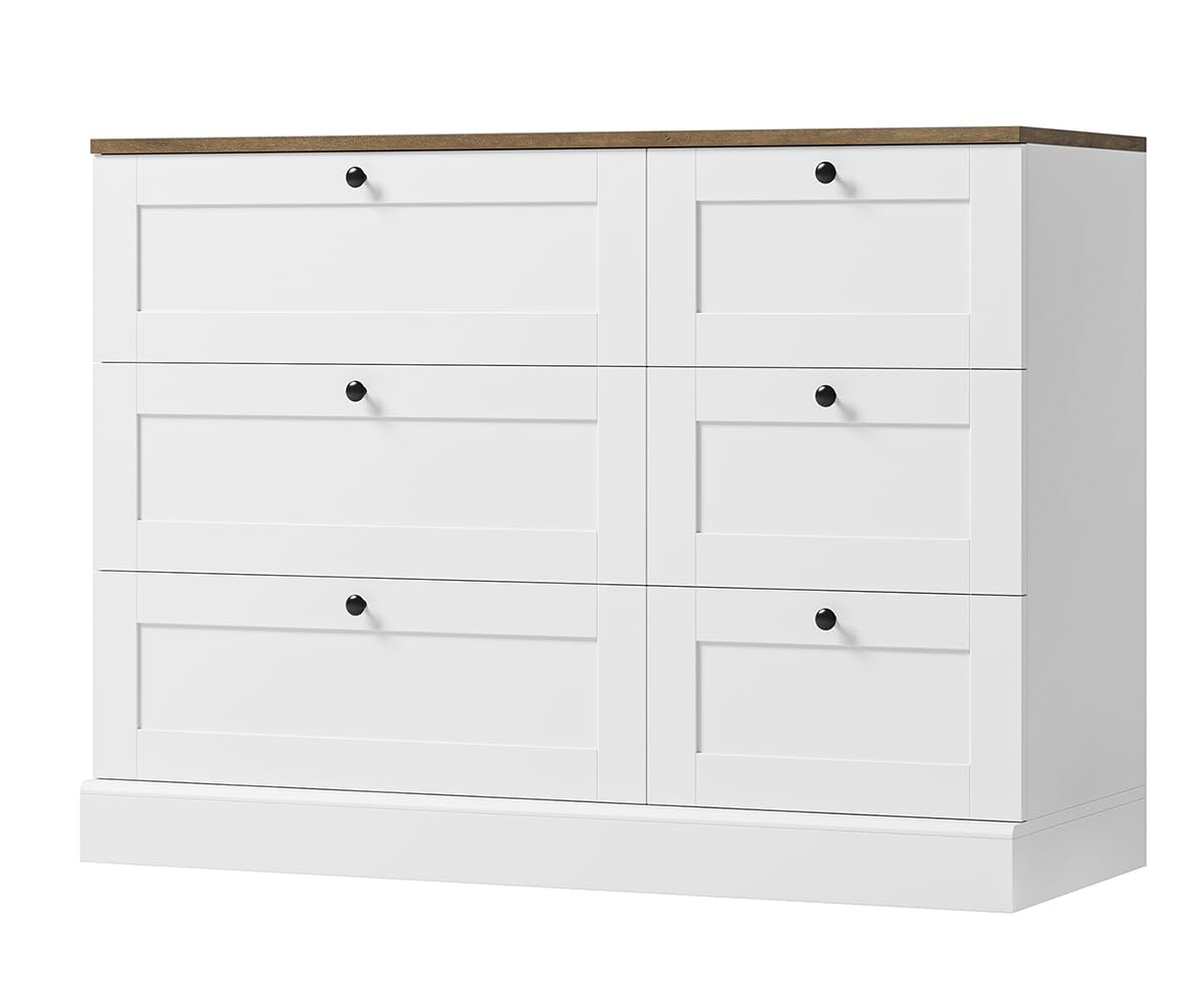 HOSTACK 6 Drawer Dresser, White Dresser for Bedroom, Wood Chest of Drawers, Wide Double Dresser, Modern Farmhouse Drawer Chest for Living Room, Hallway, Entryway, White/Rustic Brown HOSTACK