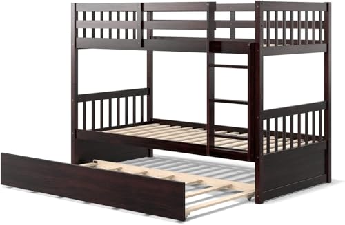 HOMGX Twin Over Twin Bunk Bed with Trundle, Wooden Removable Shelf Bunk Bed w/Ladder & Full Length Guardrail, Space-Saving Convertible Bunk Beds for Homes & Dorms (Espresso) WoodArtSupply