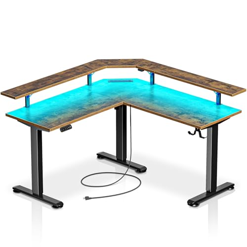 Rolanstar Standing Desk L Shaped with LED Light and Power Outlet, Electric Height Adjustable Computer Office Desk Sit Stand Up with Monitor Stand, Rustic Brown Rolanstar