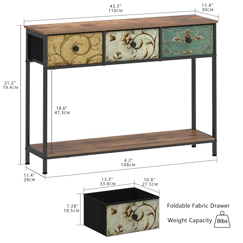 Tohomeor Entryway Console Table with 3 Retro Flowers Fabric Drawers Boho Narrow Long Behind Couch Sofa Table with Bottom Open Storage Shelf for Hallway Living Room Foyer (Rustic Brown, 3 Drawers) Tohomeor