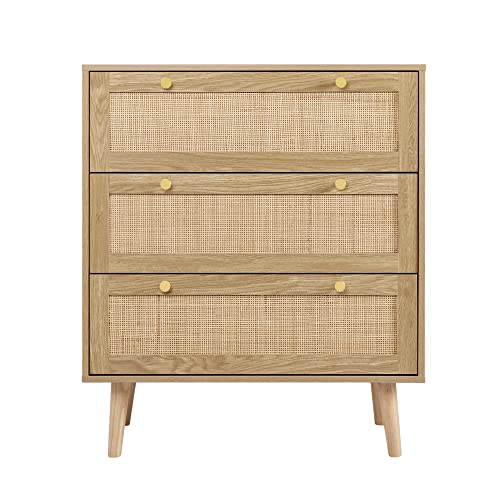 Anmytek 3 Drawer Dresser for Bedroom, Rattan Dresser Modern Wood Chest of Drawers with Spacious Storage for Bedroom Hallway Living Room, Rustic Oak, H0027 Anmytek