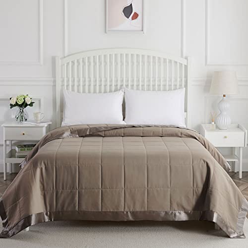 COMFLIVE Down Alternative Blanket with Satin Trim, Twin Size Lightweight Blanket for Bed- Spring Summer Comfort Soft - Moisture Absorption and Removal Treatment 68”x90” (Mocha, Twin) COMFLIVE