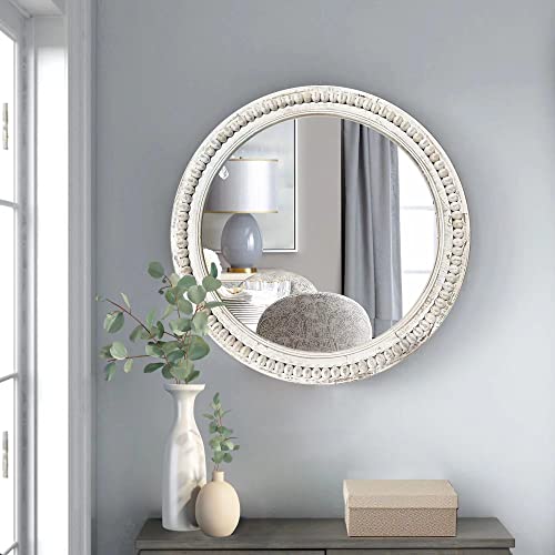 dwellington Rustic Round Wall Mirror, 24 Inch Wood Circle Mirror with Beads, Decorative Farmhouse Mirror for Living Room, Bedroom, Kitchen, Entryway (White) dwellington